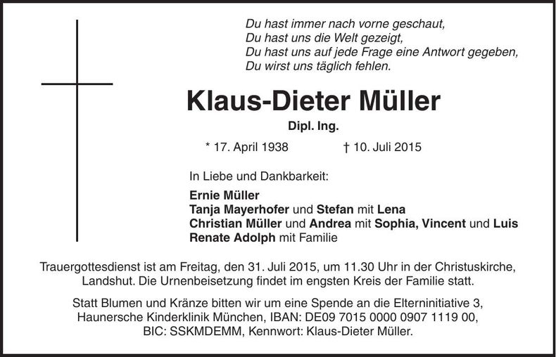 Traueranzeige Klaus-Dieter Müller