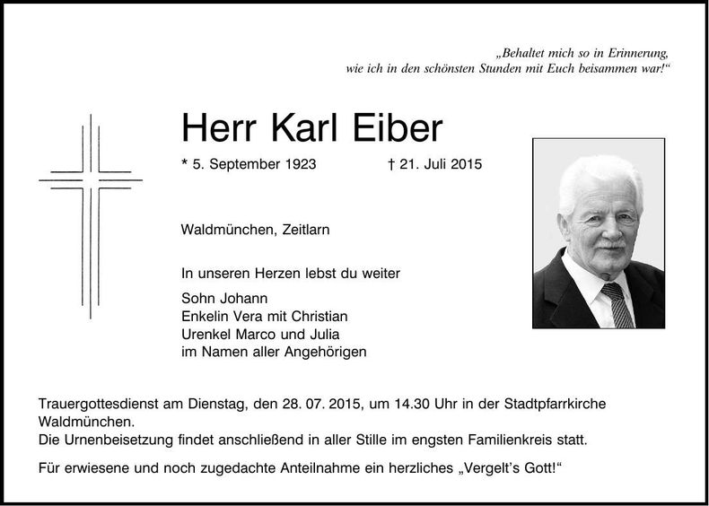 Traueranzeige Karl Eiber