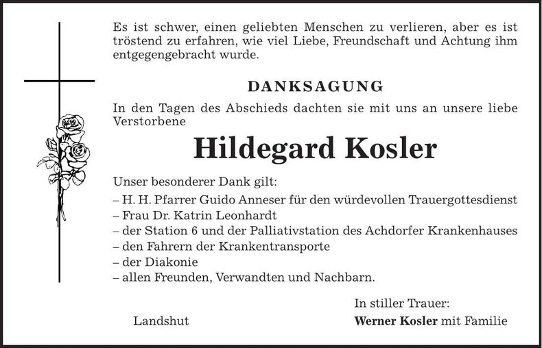 Traueranzeige Hildegard Kosler