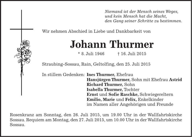 Traueranzeige Johann Thurmer