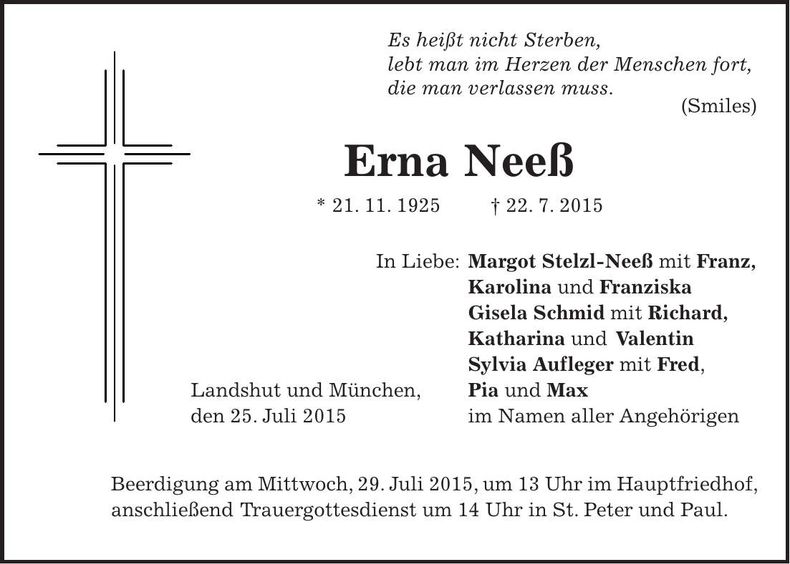 Traueranzeige Erna Neeß