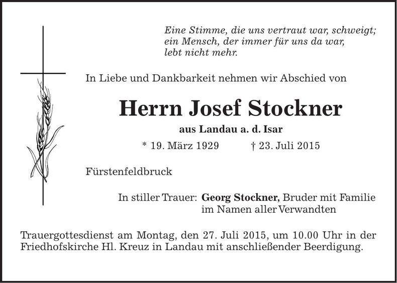 Traueranzeige Josef Stockner