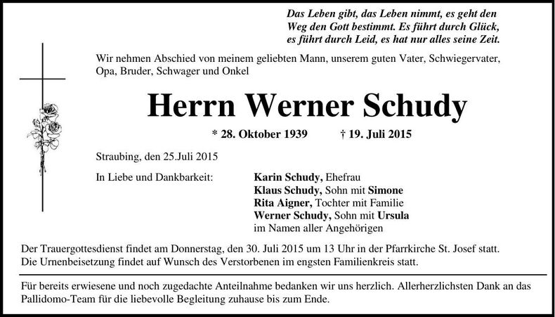 Traueranzeige Werner Schudy