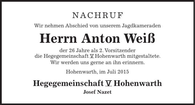 Traueranzeige Anton Weiß