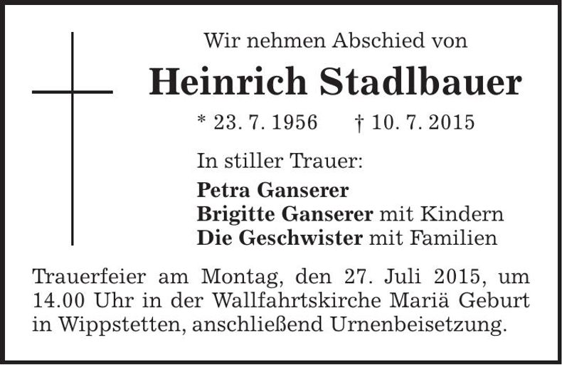 Traueranzeige Heinrich Stadlbauer