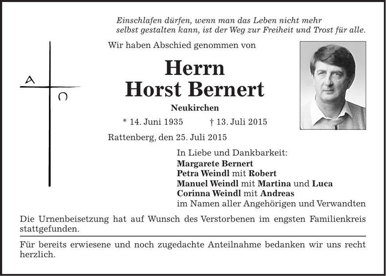 Traueranzeige Horst Bernert