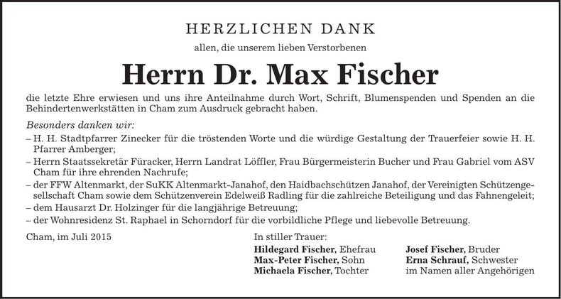 Traueranzeige Max Dr. Fischer