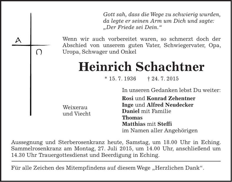 Traueranzeige Heinrich Schachtner