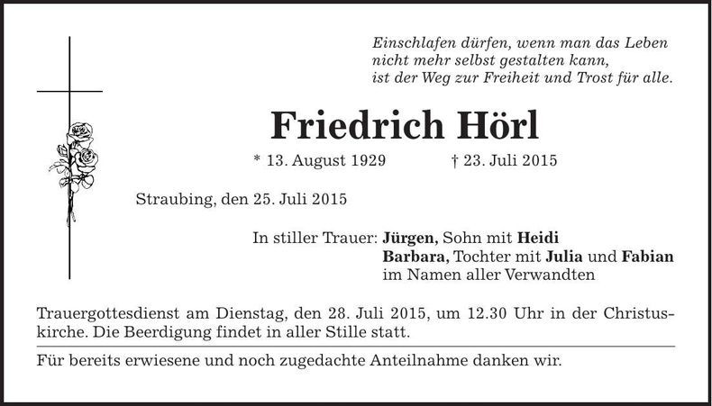 Traueranzeige Friedrich Hörl
