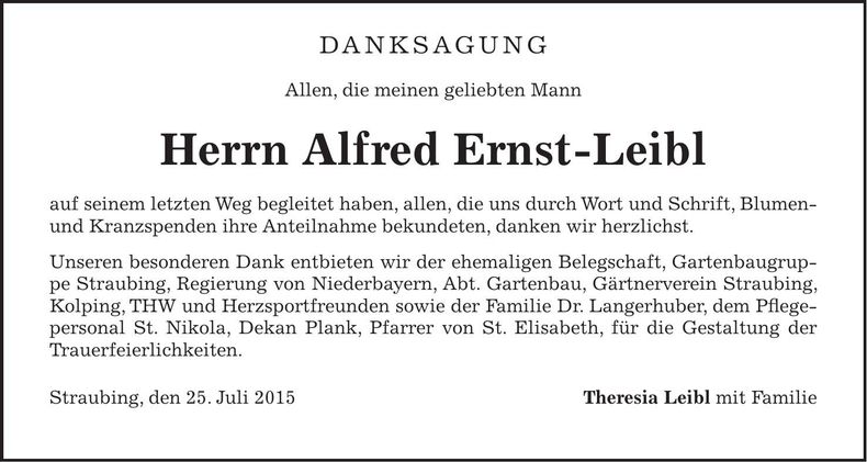 Traueranzeige Alfred Ernst-Leibl