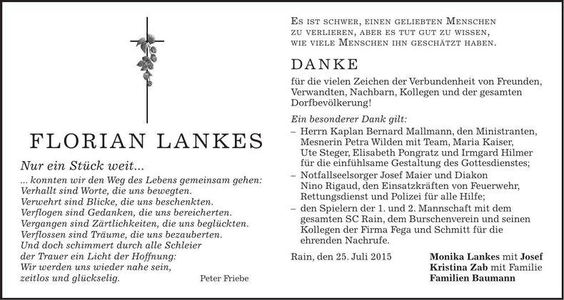 Traueranzeige Florian Lankes