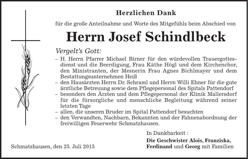 Traueranzeige Josef Schindlbeck