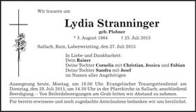 Traueranzeige Lydia Stranninger