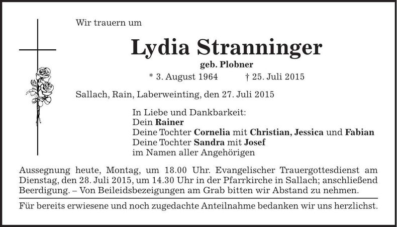 Traueranzeige Lydia Stranninger
