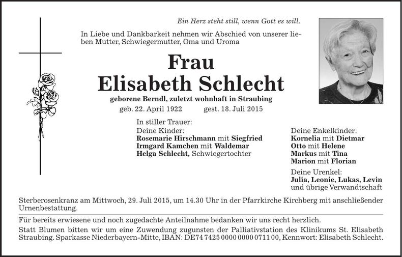 Traueranzeige Elisabeth Schlecht