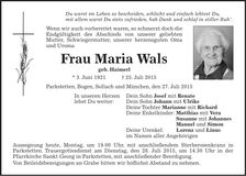 Traueranzeige Maria Wals