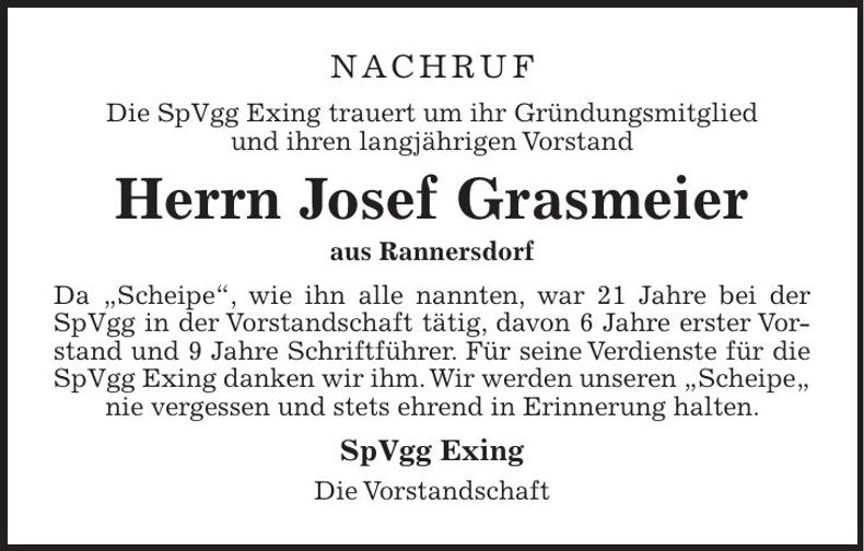 Traueranzeige Josef Grasmeier