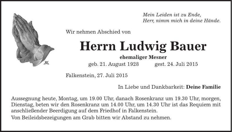 Traueranzeige Ludwig Bauer