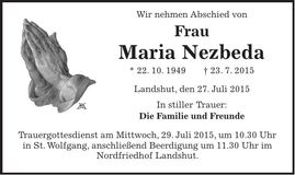 Traueranzeige Maria Nezbeda