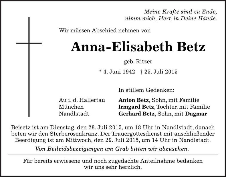 Traueranzeige Anna Elisabeth Betz