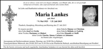 Traueranzeige Maria Lankes