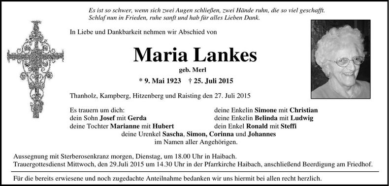 Traueranzeige Maria Lankes