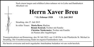 Traueranzeige Xaver Breu