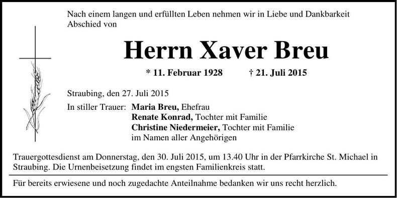 Traueranzeige Xaver Breu