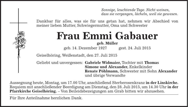 Traueranzeige Emmi Gabauer