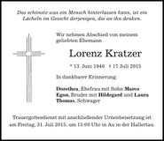 Traueranzeige Lorenz Kratzer