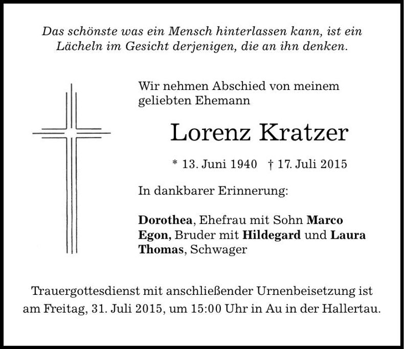 Traueranzeige Lorenz Kratzer
