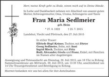 Traueranzeige Maria Sedlmeier