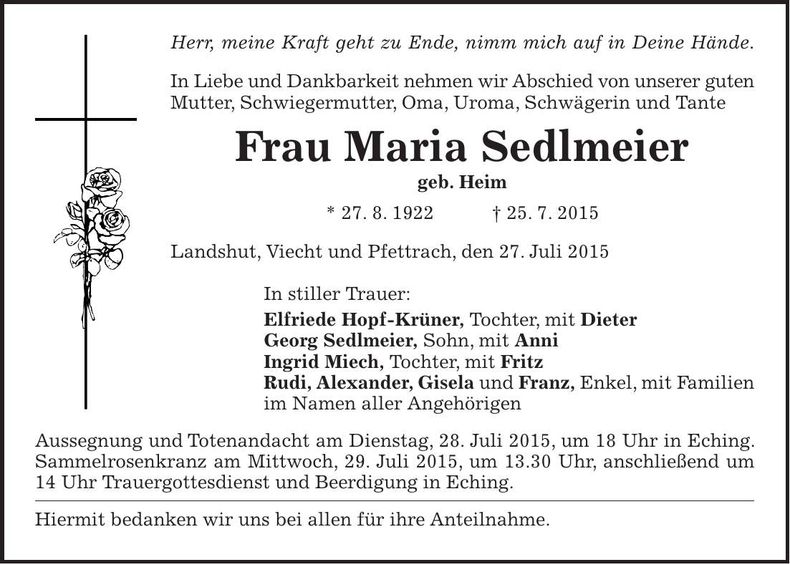 Traueranzeige Maria Sedlmeier