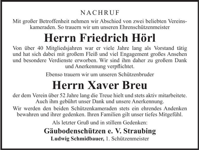 Traueranzeige Friedrich und Xaver Hörl und Breu