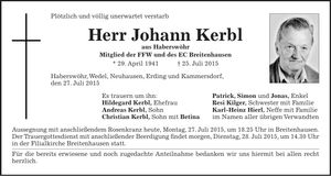 Traueranzeige Johann Kerbl