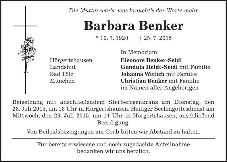 Traueranzeige Barbara Benker