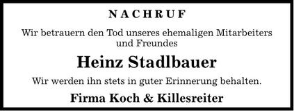 Traueranzeige Heinz Stadlbauer