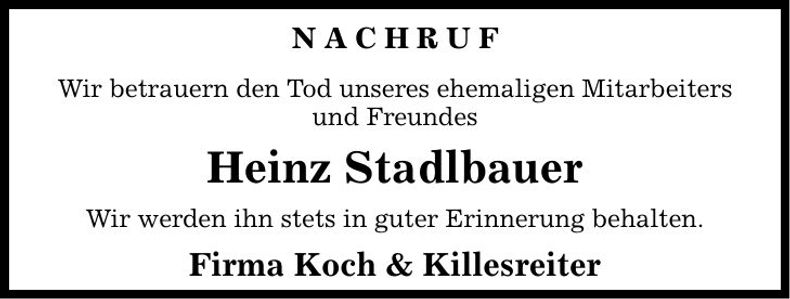 Traueranzeige Heinz Stadlbauer