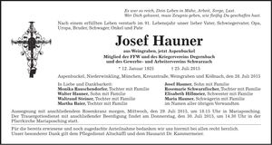Traueranzeige Josef Hauner