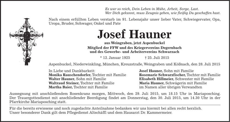 Traueranzeige Josef Hauner
