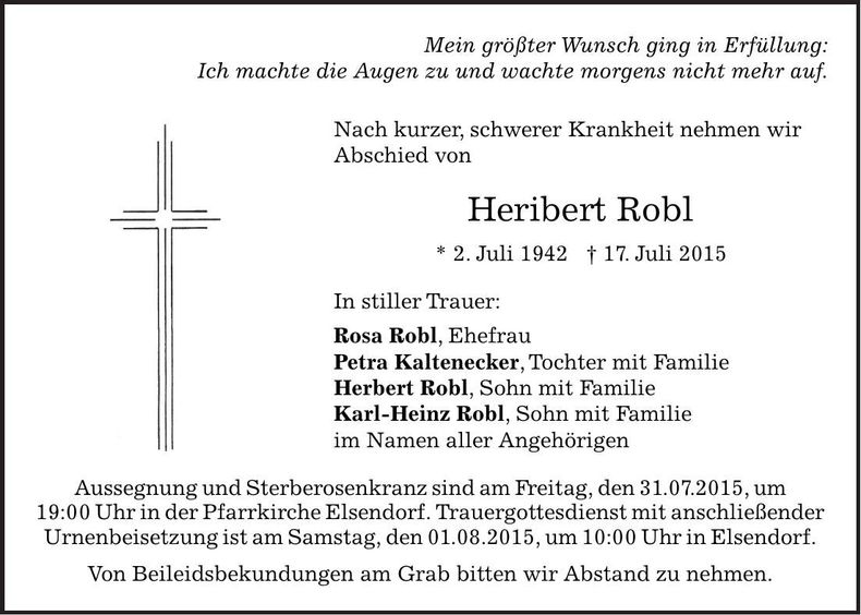 Traueranzeige Heribert Robl
