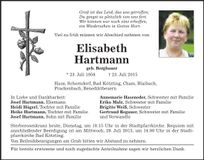 Traueranzeige Elisabeth Hartmann