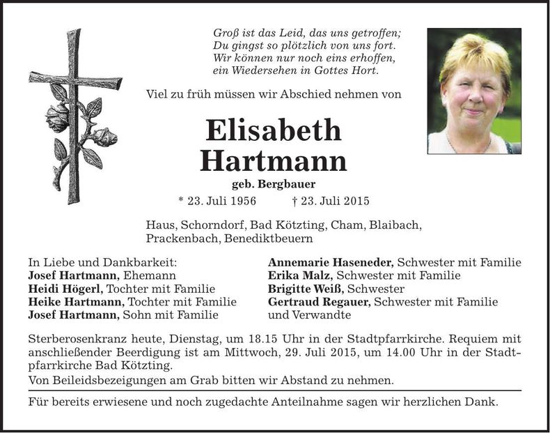 Traueranzeige Elisabeth Hartmann