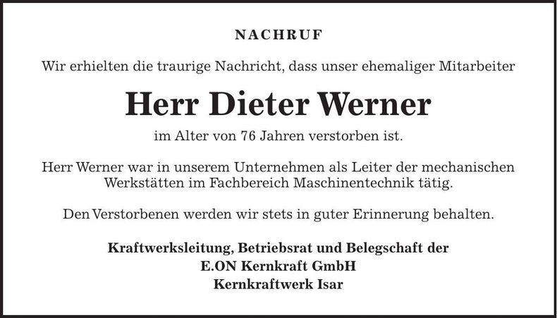 Traueranzeige Dieter Werner