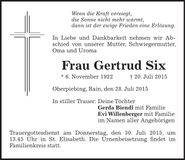 Traueranzeige Gertrud Six