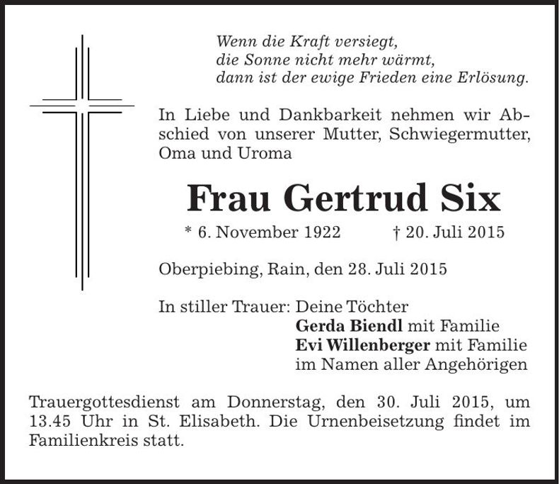 Traueranzeige Gertrud Six