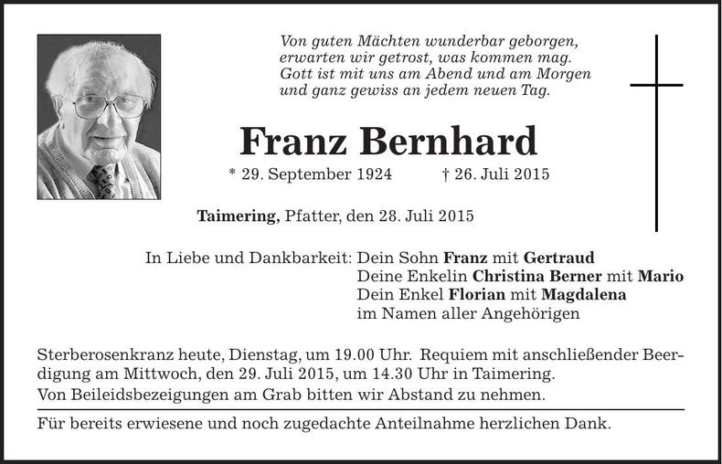 Traueranzeige Franz Bernhard