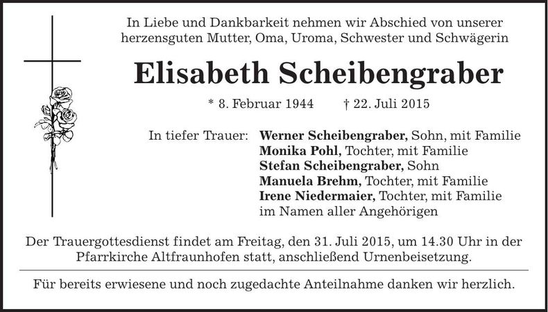 Traueranzeige Elisabeth Scheibengraber