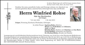 Traueranzeige Winfried Rohse