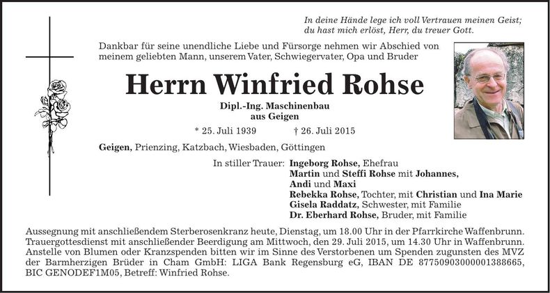 Traueranzeige Winfried Rohse